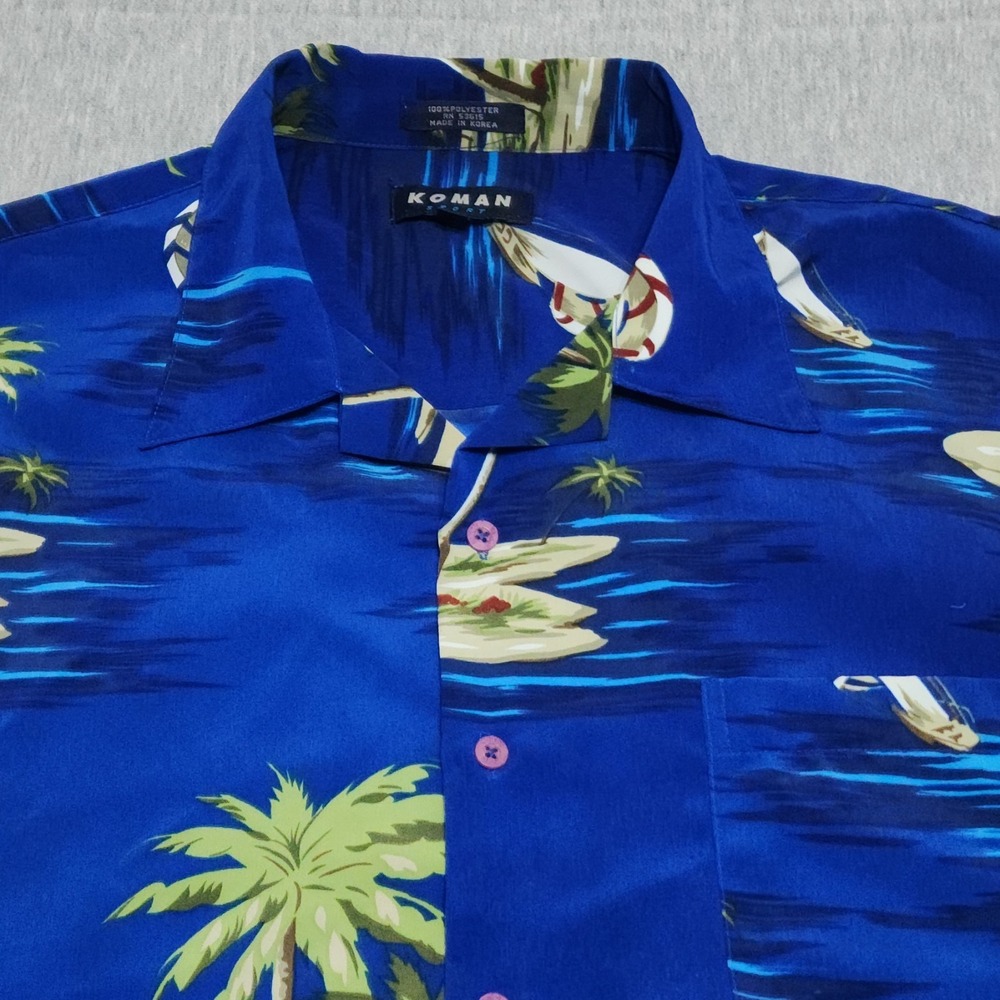 Vintage Koman Sport Hawaiian Shirt Mens XL Blue Tropical Palm Tree Sailboat Crui